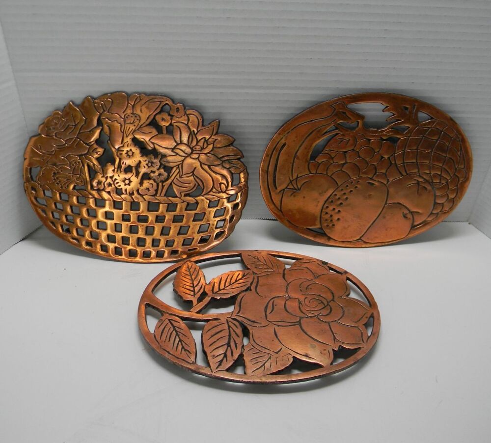 Vintage Old Dutch Design Set of 3 Trivet Wall Decor Copper over Cast Iron 1983
